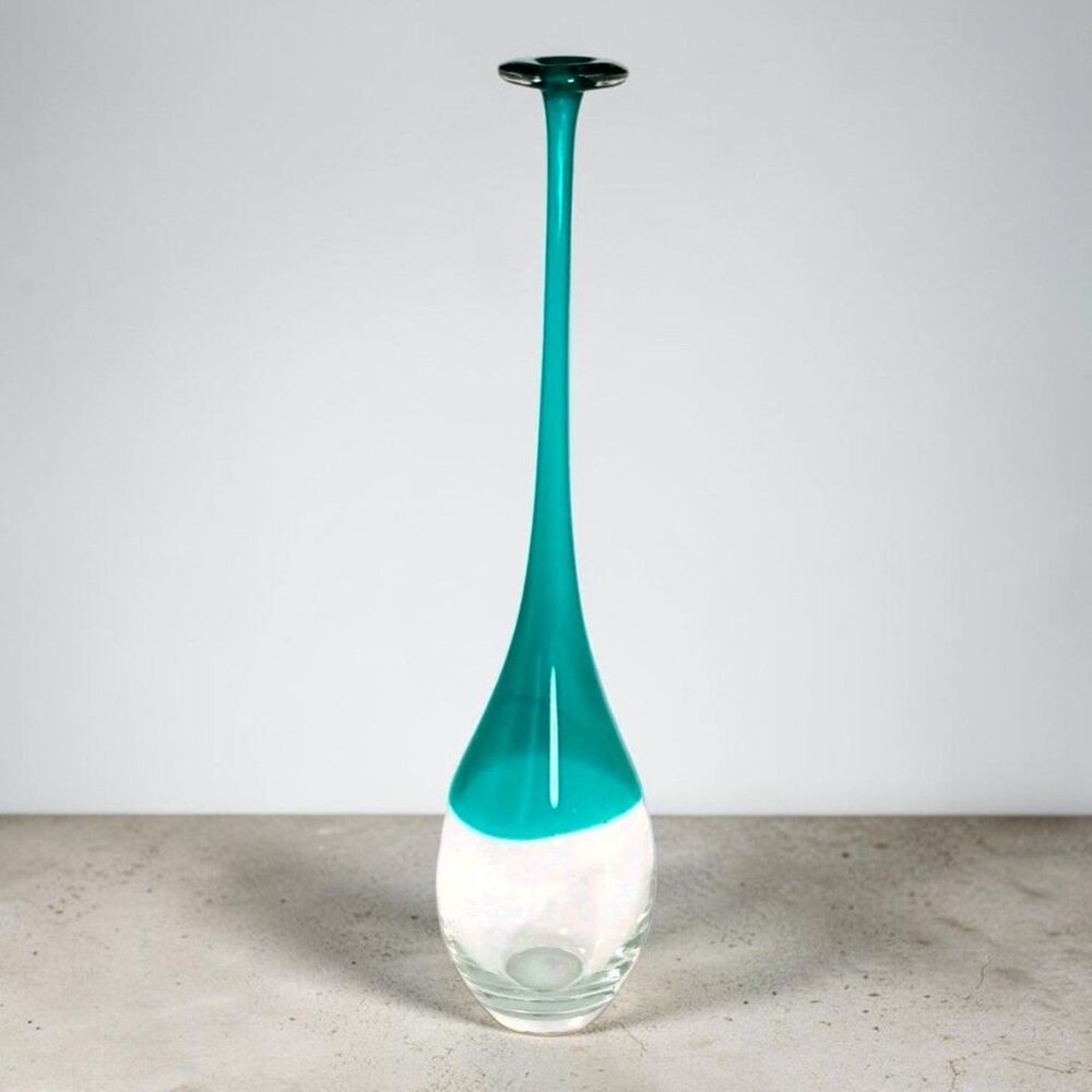 MCM Veneto Dijon Style Teal Art Glass Long Neck Vase 16in Flange Rim Sommerso